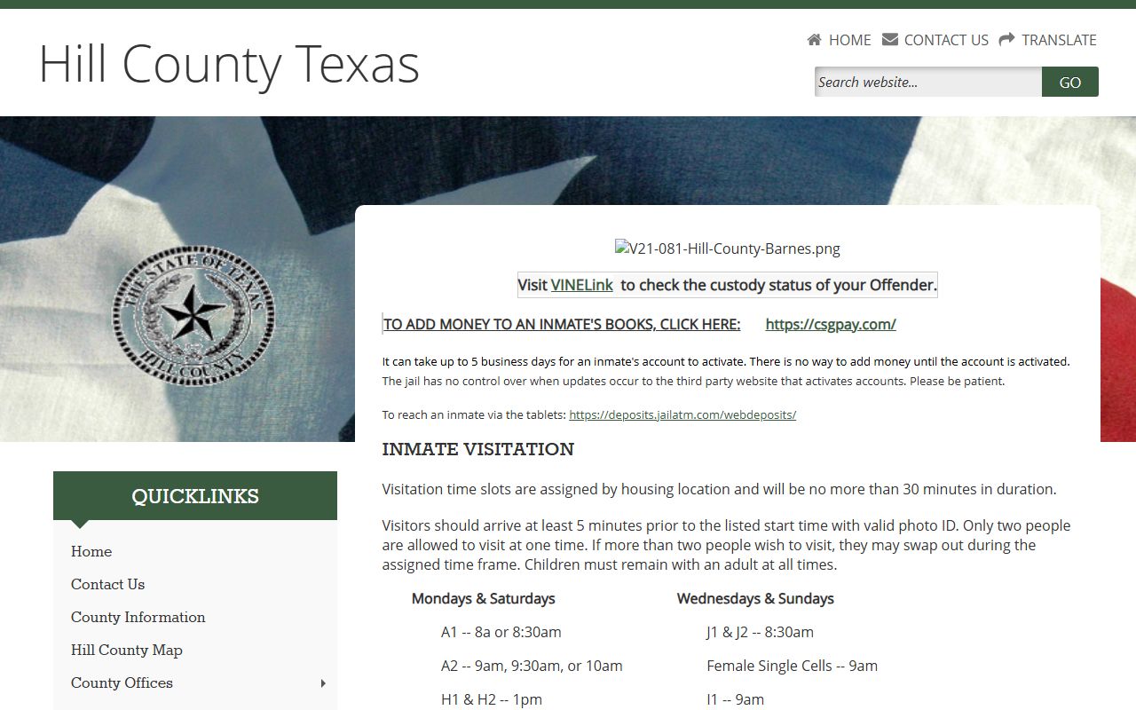 Official Hill County jail information page with custody lookup and inmate service links