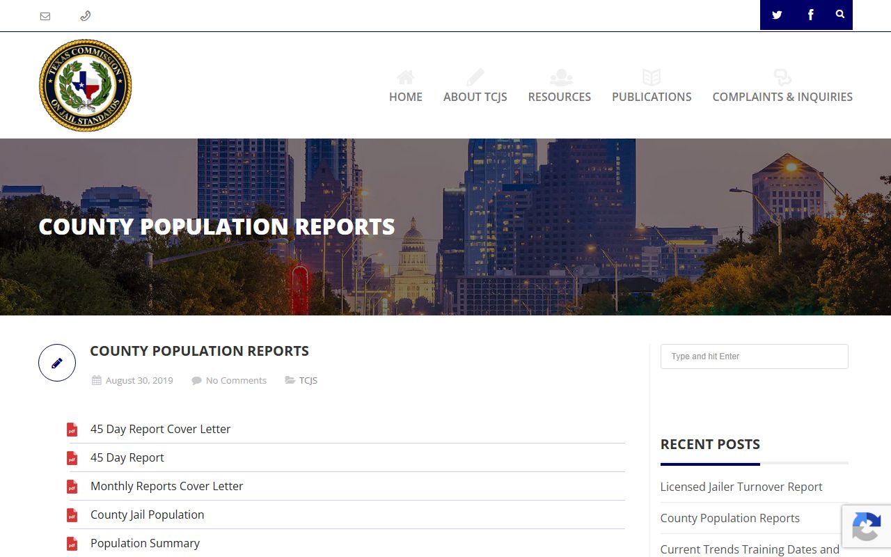 TCJS county population reports used for Hill County inmate population data